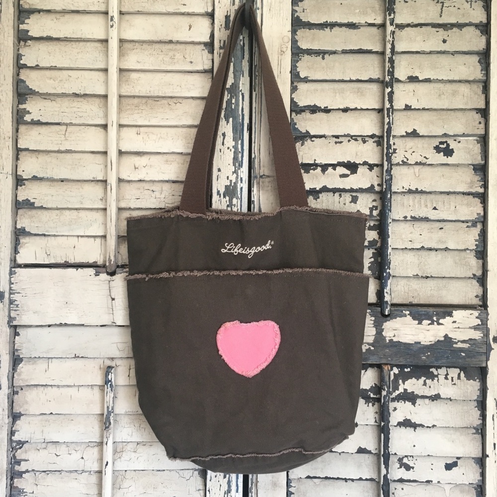 Life Is Good Brown Heart Tote Bag
